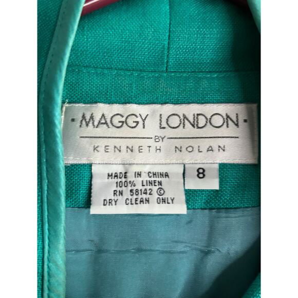 Vintage 80s Womens Linen Green Button Front Dress Sz 8 Short Sleeve Maggy London - Picture 5 of 8